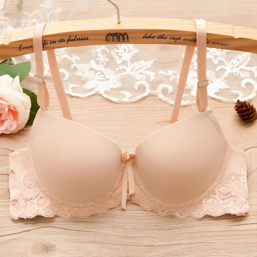 Red small chest gathered bra with underwire, lace bow, and lotus leaf edges in size 34/75