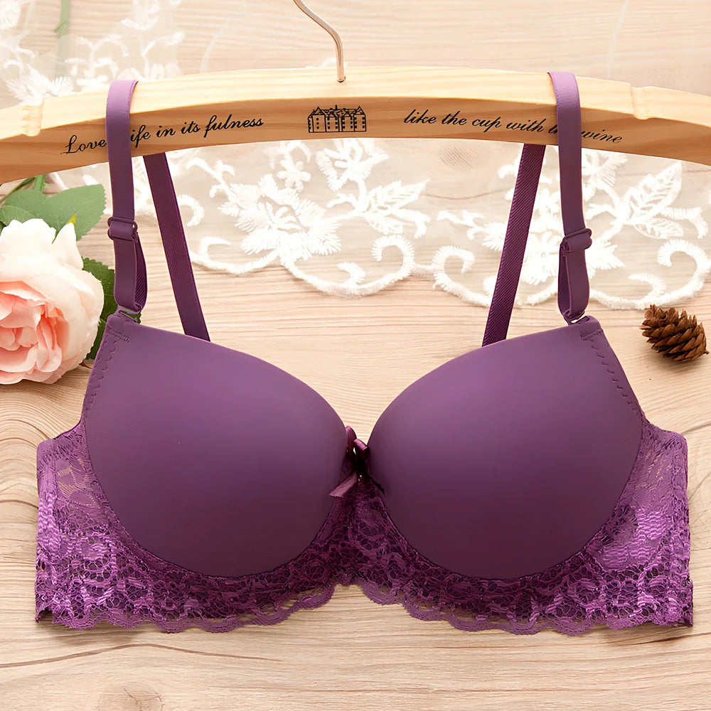 Red small chest gathered bra with underwire, lace bow, and lotus leaf edges in size 34/75