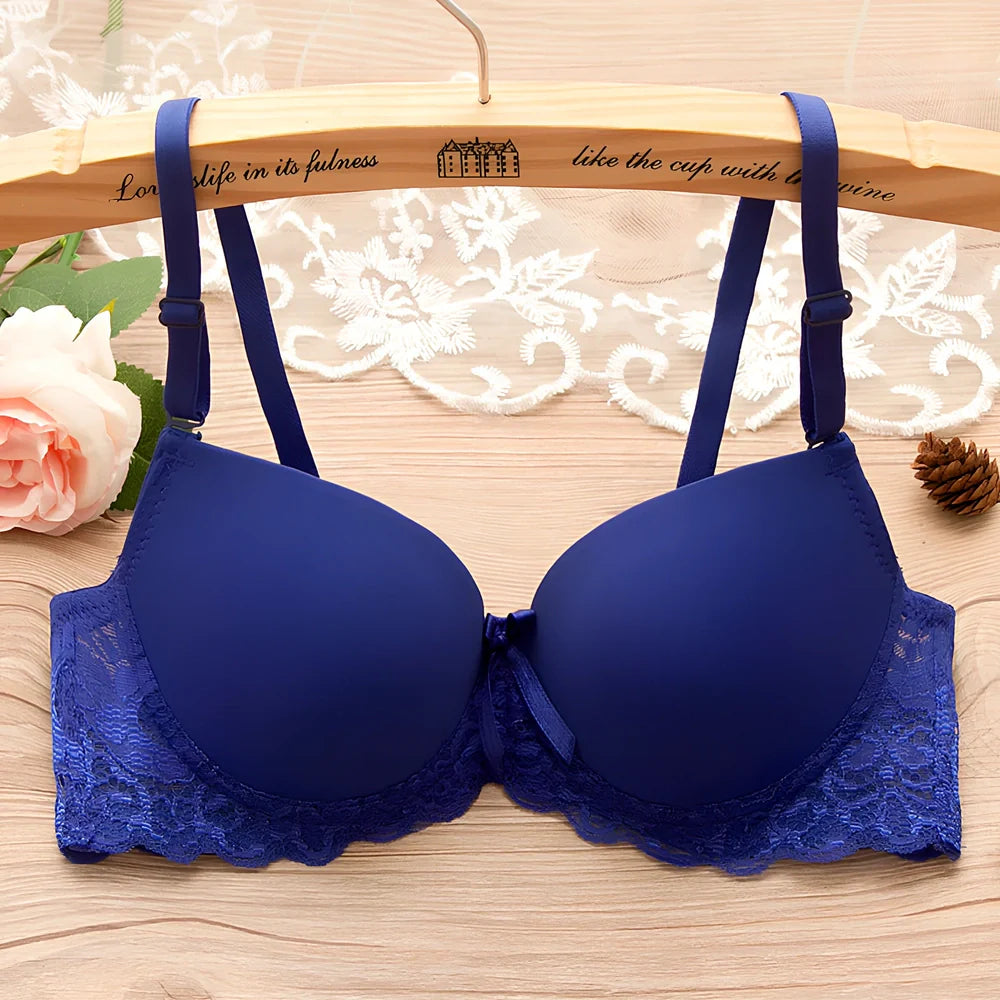 Red small chest gathered bra with underwire, lace bow, and lotus leaf edges in size 34/75