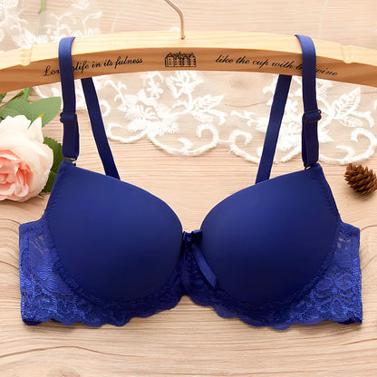 Red small chest gathered bra with underwire, lace bow, and lotus leaf edges in size 34/75