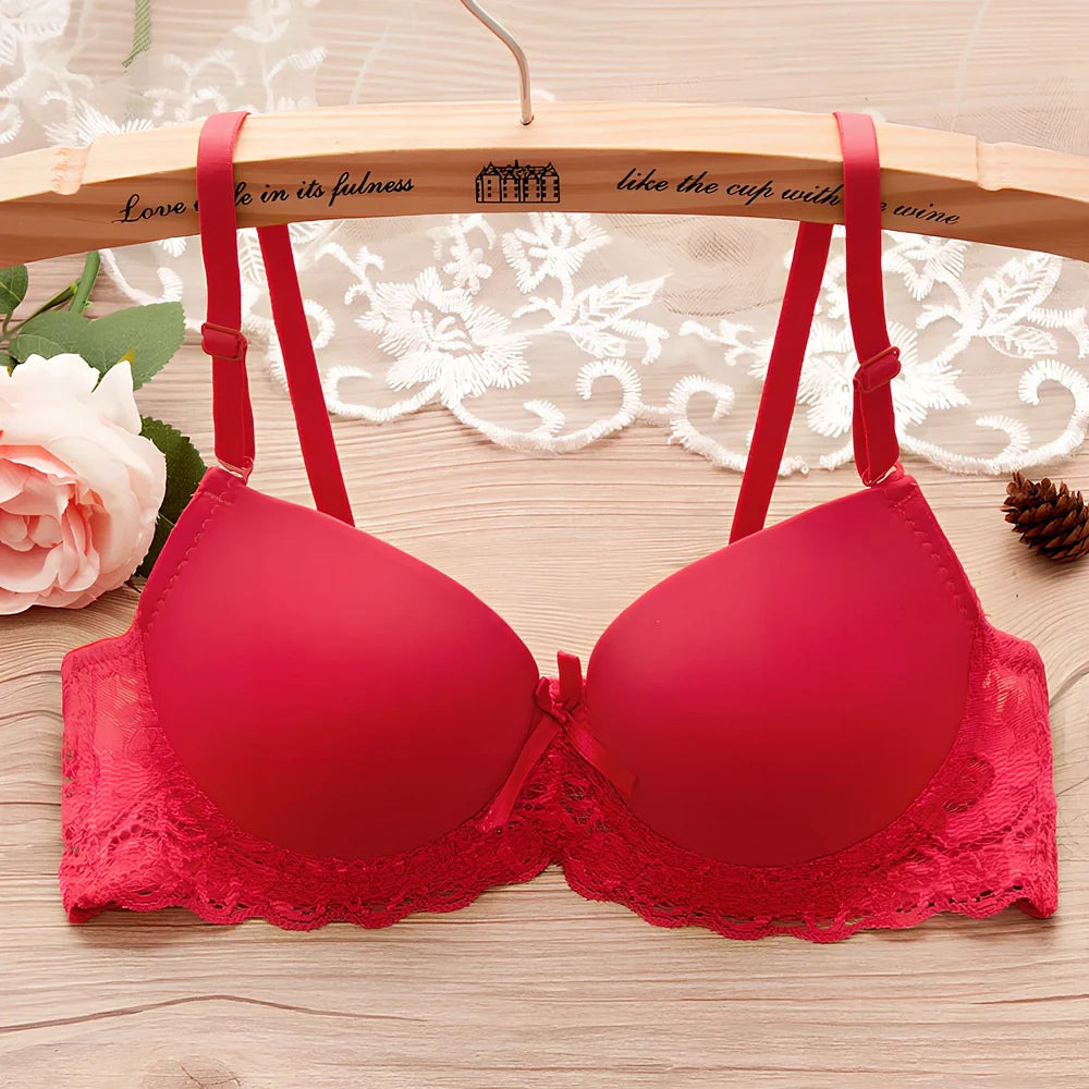 Red small chest gathered bra with underwire, lace bow, and lotus leaf edges in size 34/75