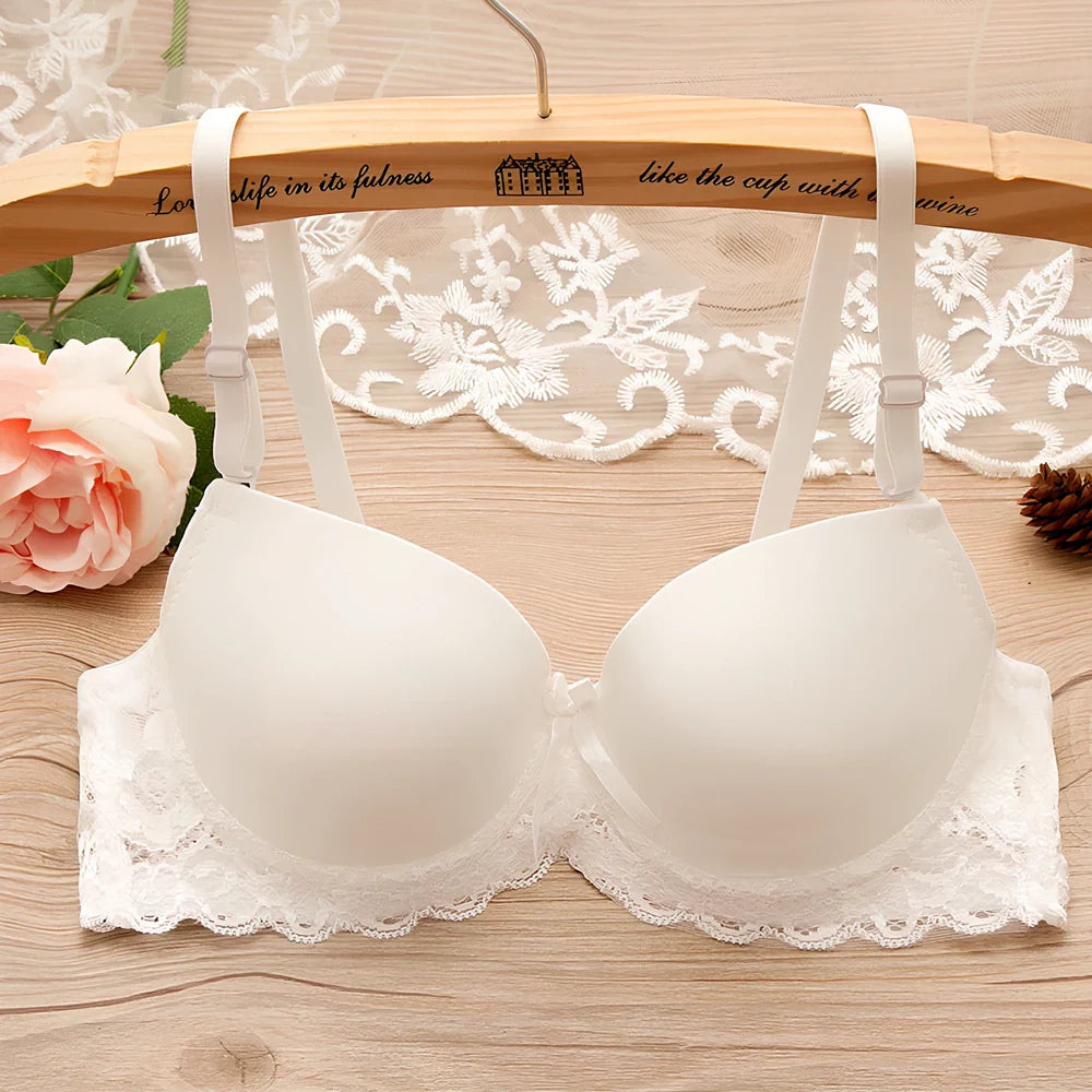 Red small chest gathered bra with underwire, lace bow, and lotus leaf edges in size 34/75