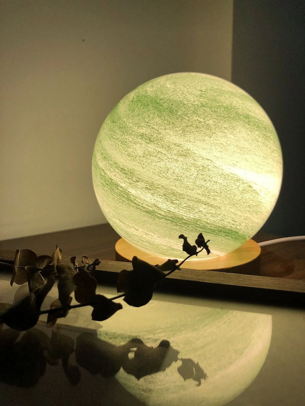 Nordic style bedside table lamp with glass shade in a choice of seven colours, powered by USB.
