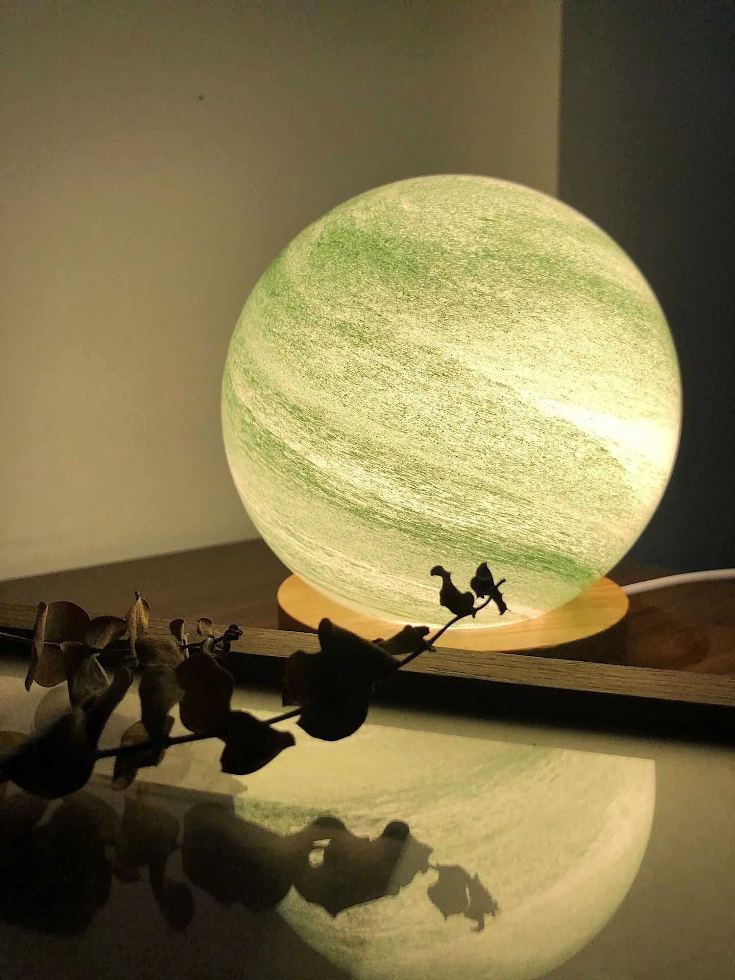 Nordic style bedside table lamp with glass shade in a choice of seven colours, powered by USB.