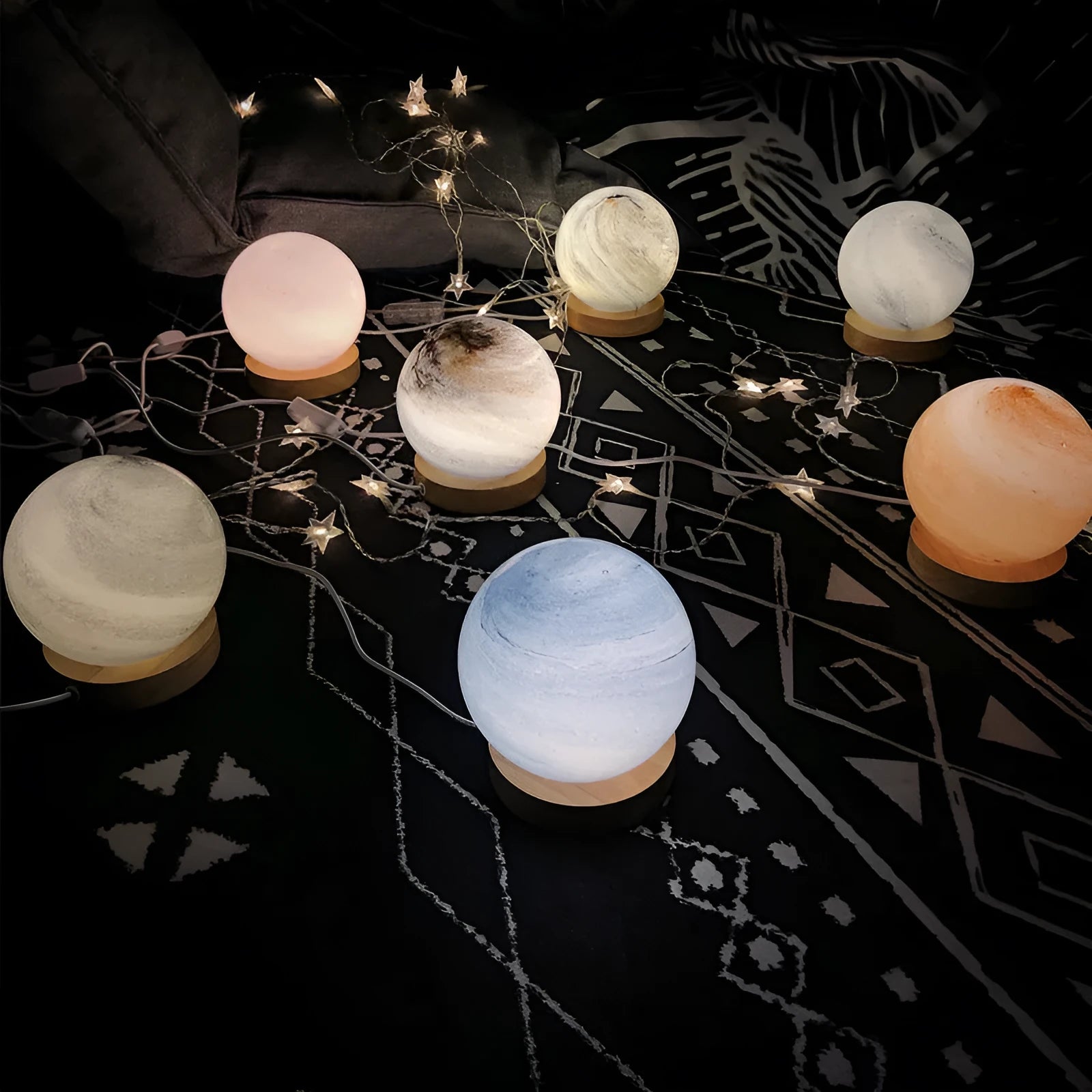 Nordic style bedside table lamp with glass shade in a choice of seven colours, powered by USB.
