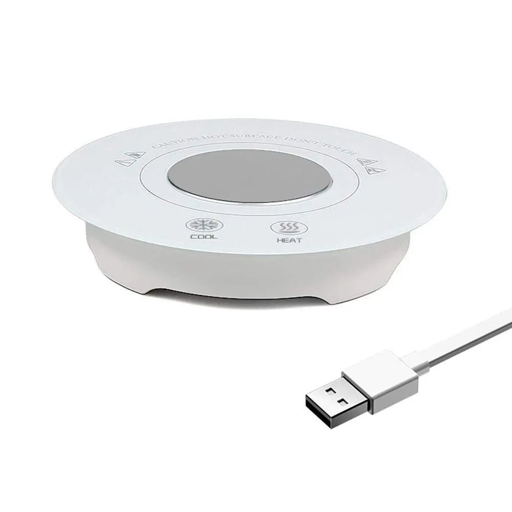 USB-powered hot and cold drink coaster in black or white with tempered glass surface and 152mm diameter