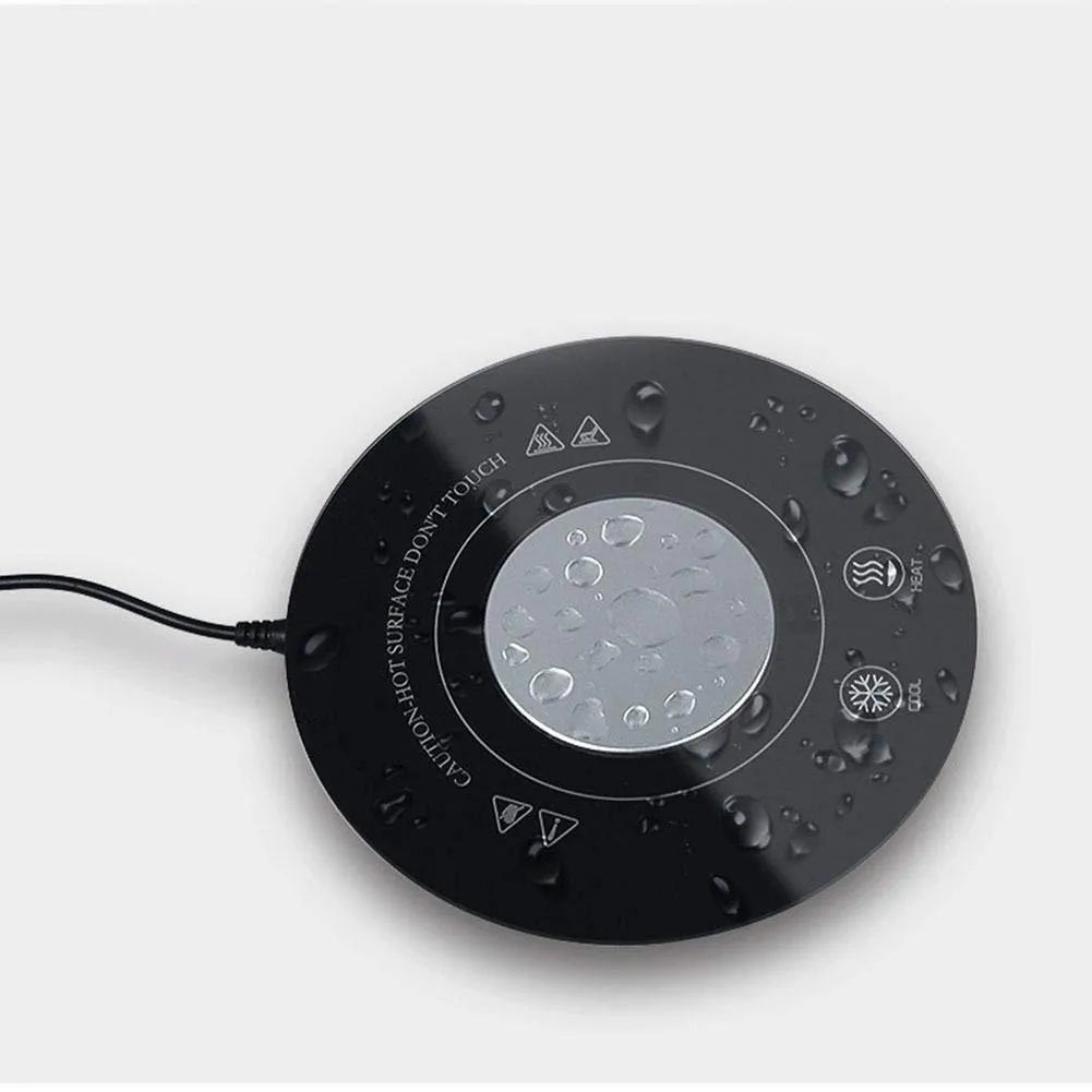 USB-powered hot and cold drink coaster in black or white with tempered glass surface and 152mm diameter