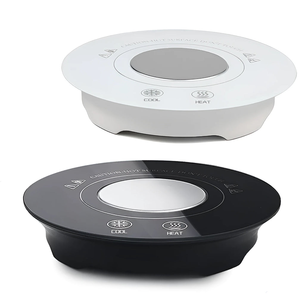 USB-powered hot and cold drink coaster in black or white with tempered glass surface and 152mm diameter