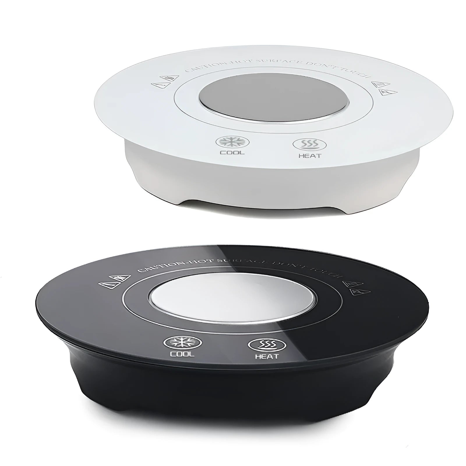 USB-powered hot and cold drink coaster in black or white with tempered glass surface and 152mm diameter
