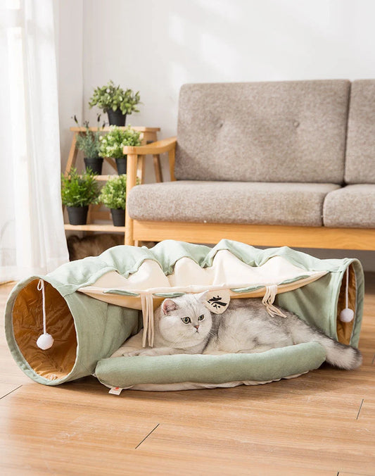 Collapsible cat tunnel in durable cloth, perfect for indoor play and easy storage