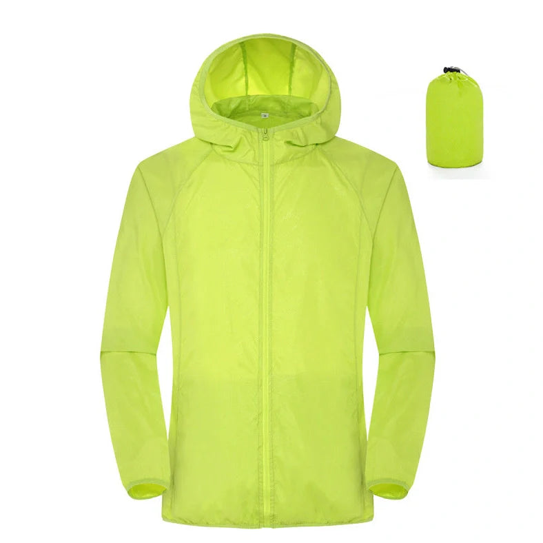 Women's sleeveless waterproof windbreaker in fluorescent green with UPF 50+ sun protection rating