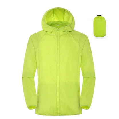 Women's sleeveless waterproof windbreaker in fluorescent green with UPF 50+ sun protection rating