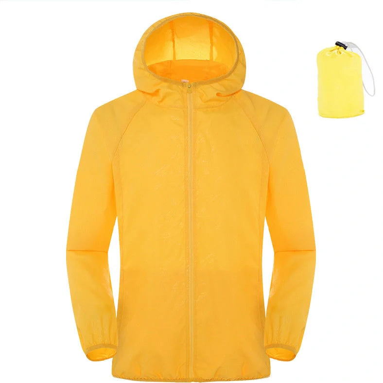 Women's sleeveless waterproof windbreaker in fluorescent green with UPF 50+ sun protection rating