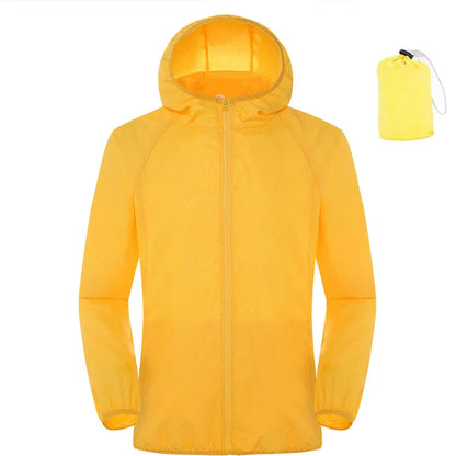 Women's sleeveless waterproof windbreaker in fluorescent green with UPF 50+ sun protection rating