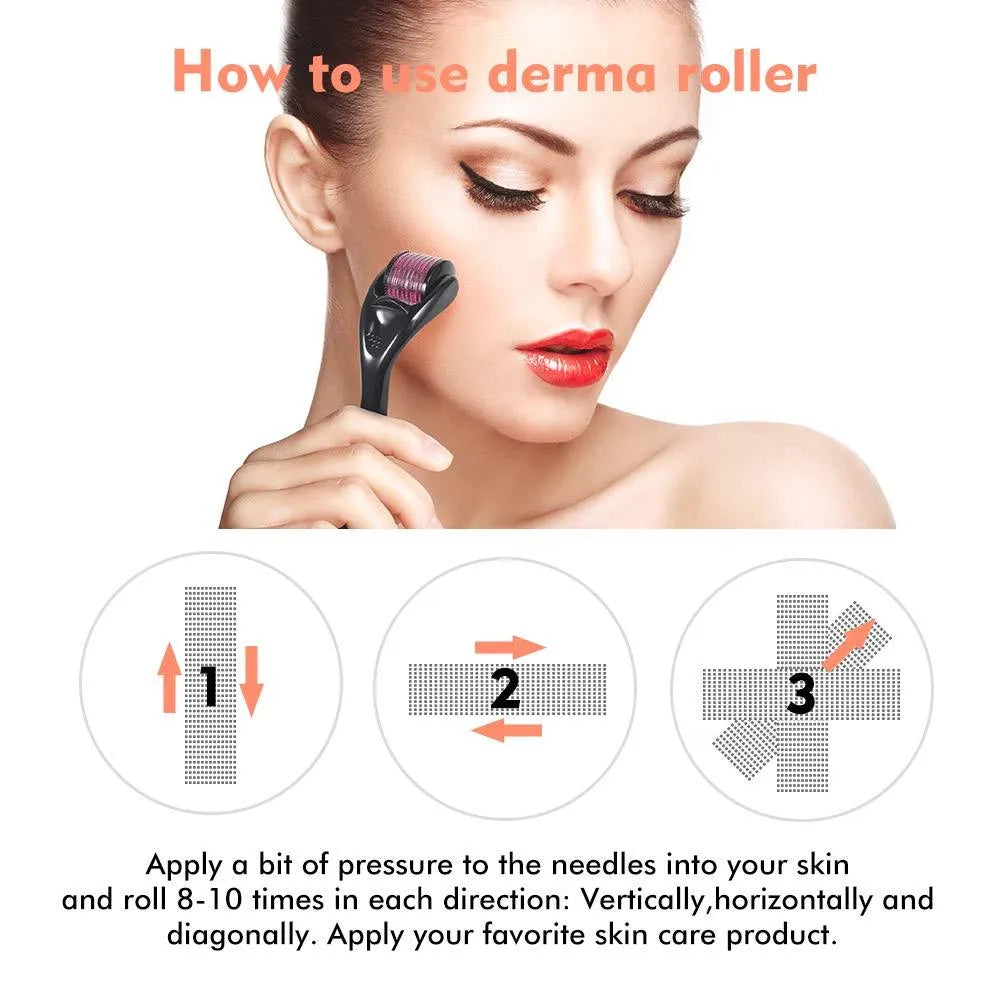 Microneedle roller with SUS304 medical steel needles, black handle, for wrinkle and scar treatment