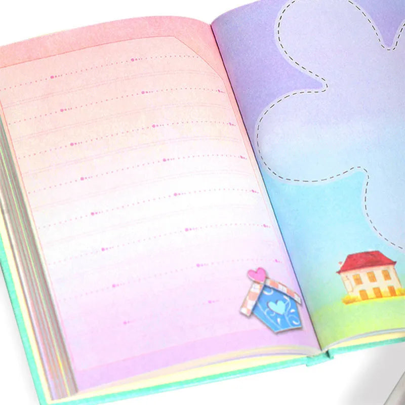 A lockable 32K diary notebook for children in pink, blue, green, or orange, shown with a code lock and gift box.