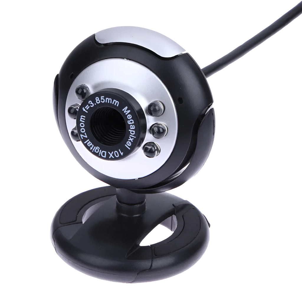 USB web camera with six white LED lights around the lens for computer video calls