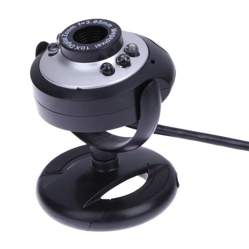 USB web camera with six white LED lights around the lens for computer video calls