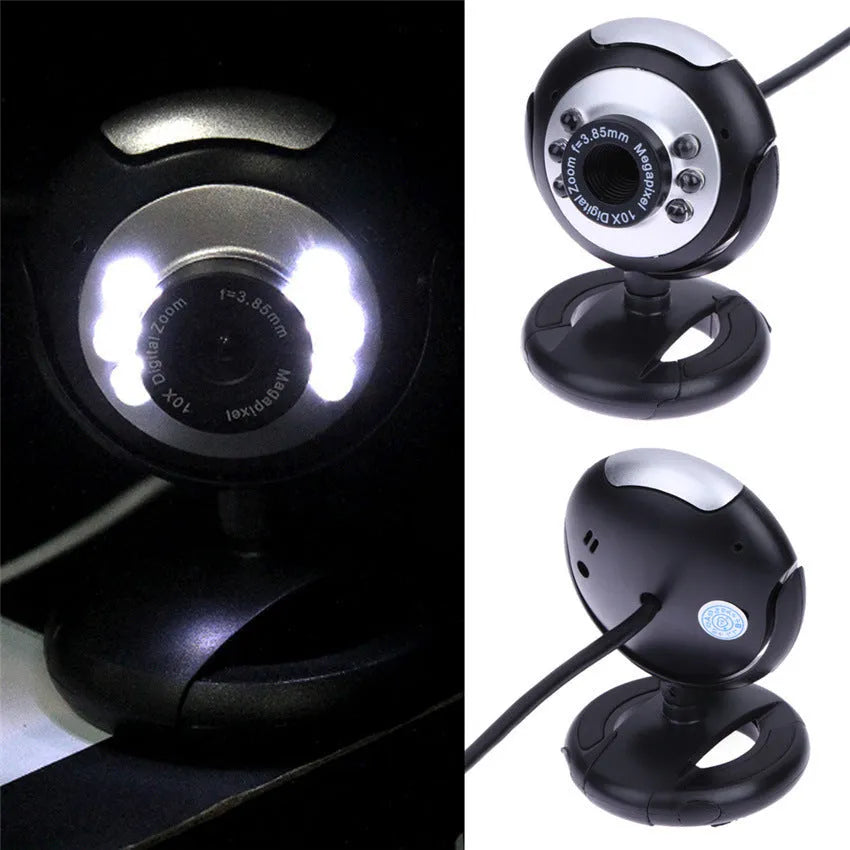 USB web camera with six white LED lights around the lens for computer video calls