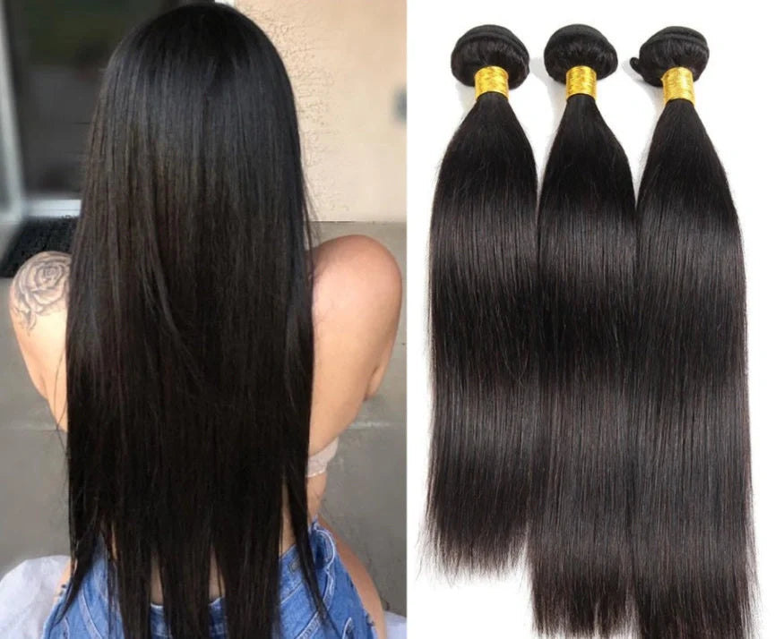 Black straight synthetic hair weave with Japanese silk strands showing length options from 14 to 32 inches