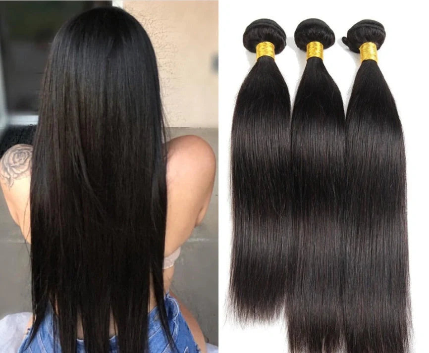 Black straight synthetic hair weave with Japanese silk strands showing length options from 14 to 32 inches