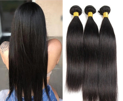 Black straight synthetic hair weave with Japanese silk strands showing length options from 14 to 32 inches