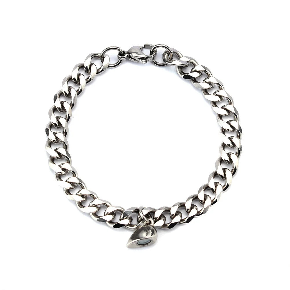 Titanium steel couple bracelets with heart-shaped charm in Cuban and NK chain styles