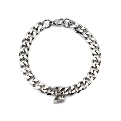 Titanium steel couple bracelets with heart-shaped charm in Cuban and NK chain styles