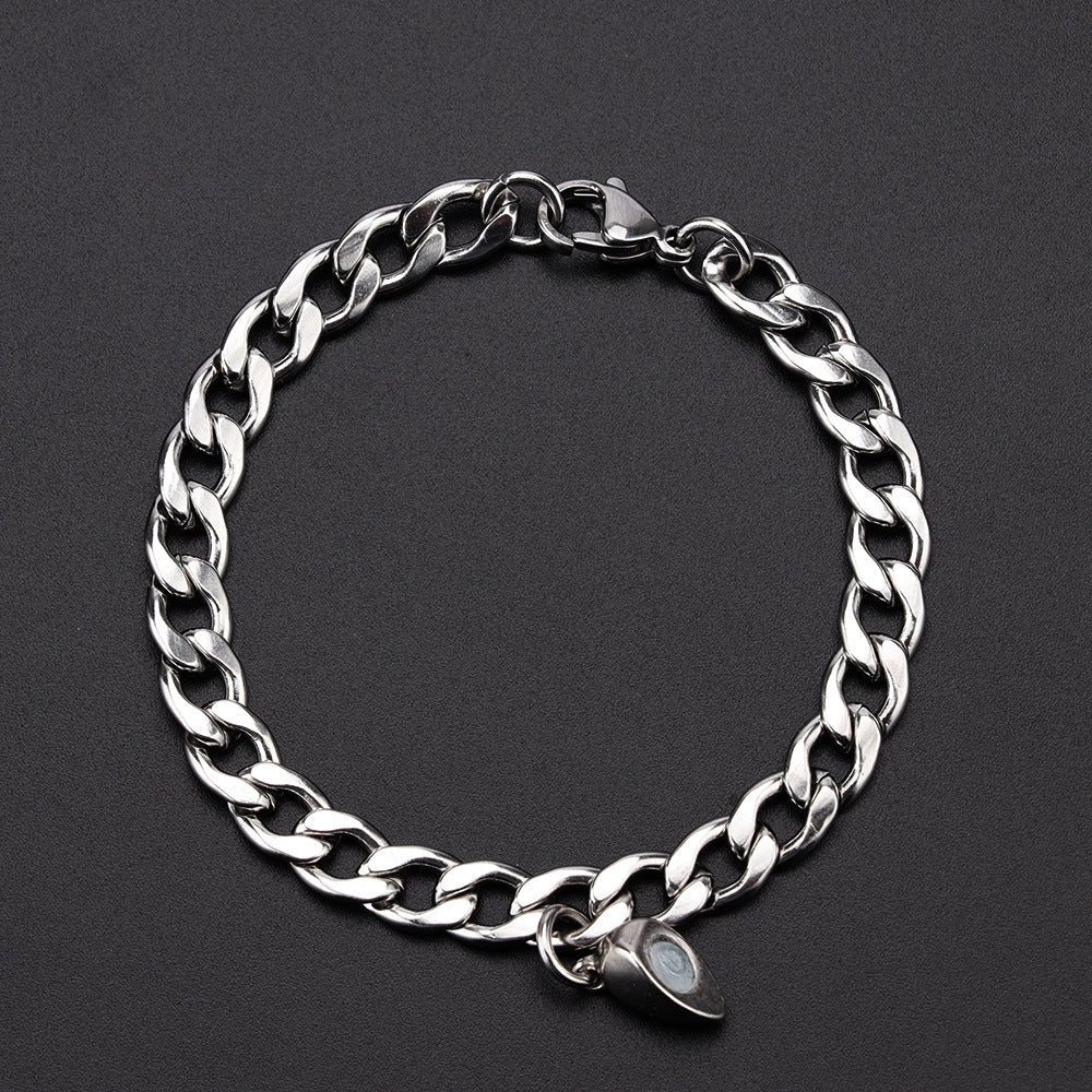 Titanium steel couple bracelets with heart-shaped charm in Cuban and NK chain styles