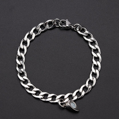 Titanium steel couple bracelets with heart-shaped charm in Cuban and NK chain styles