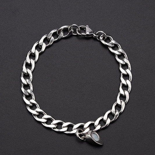 Titanium steel couple bracelets with heart-shaped charm in Cuban and NK chain styles