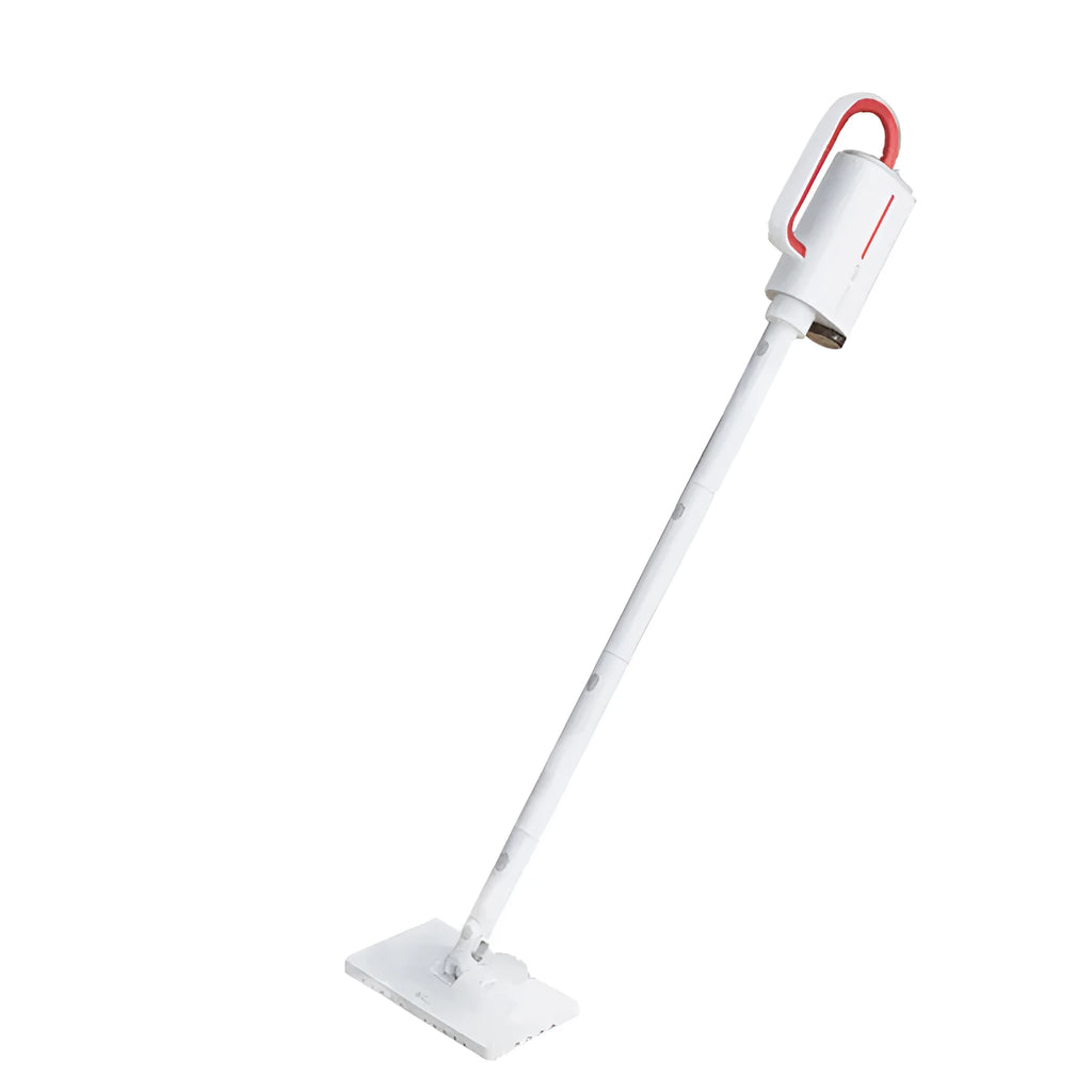 Deerma DEM-ZQ610 white steam cleaner main unit with brush heads, mop, and extension tubes on a floor.