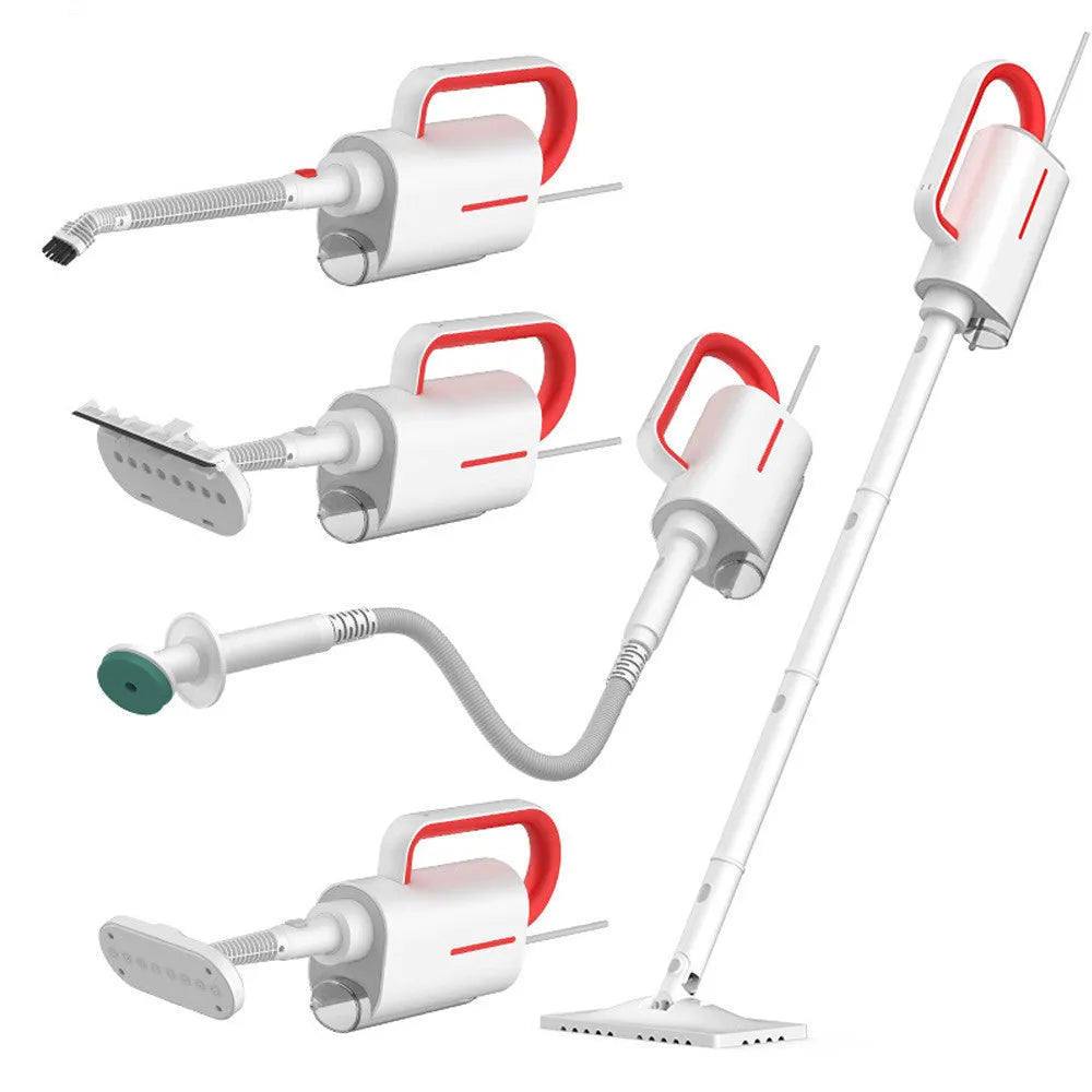 Deerma DEM-ZQ610 white steam cleaner main unit with brush heads, mop, and extension tubes on a floor.