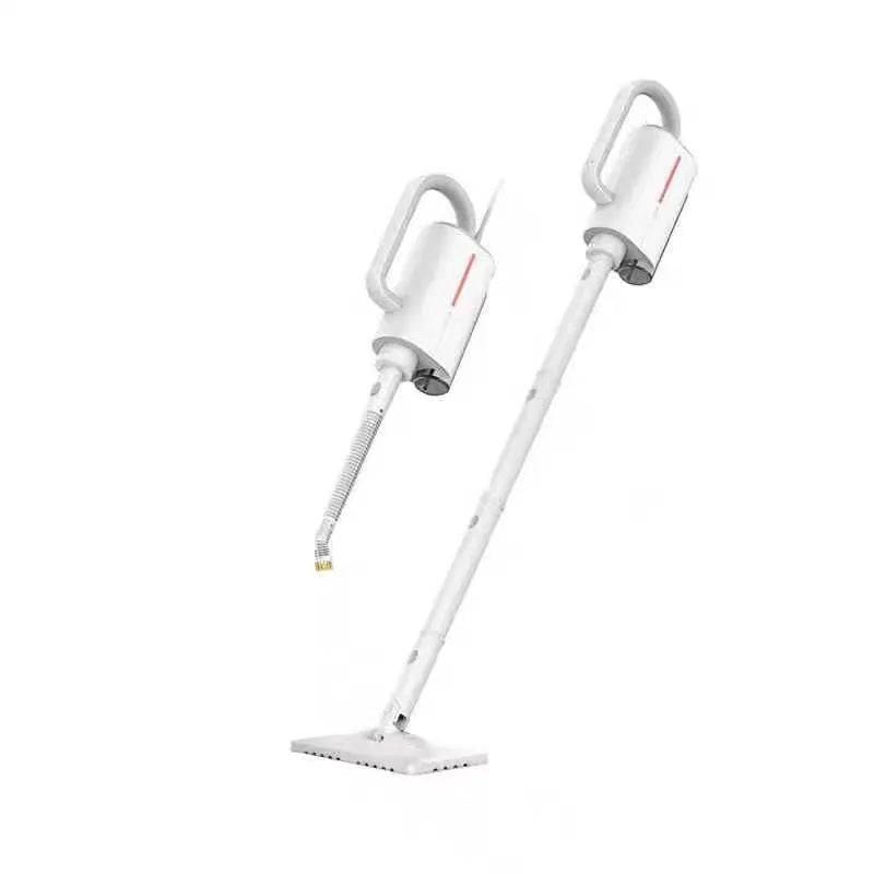 Deerma DEM-ZQ610 white steam cleaner main unit with brush heads, mop, and extension tubes on a floor.
