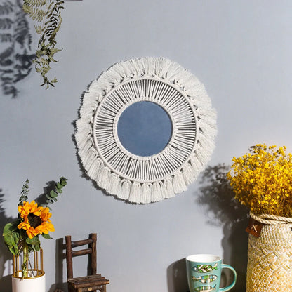 Hand-woven boho round wall mirror with cotton thread frame, perfect for home decor