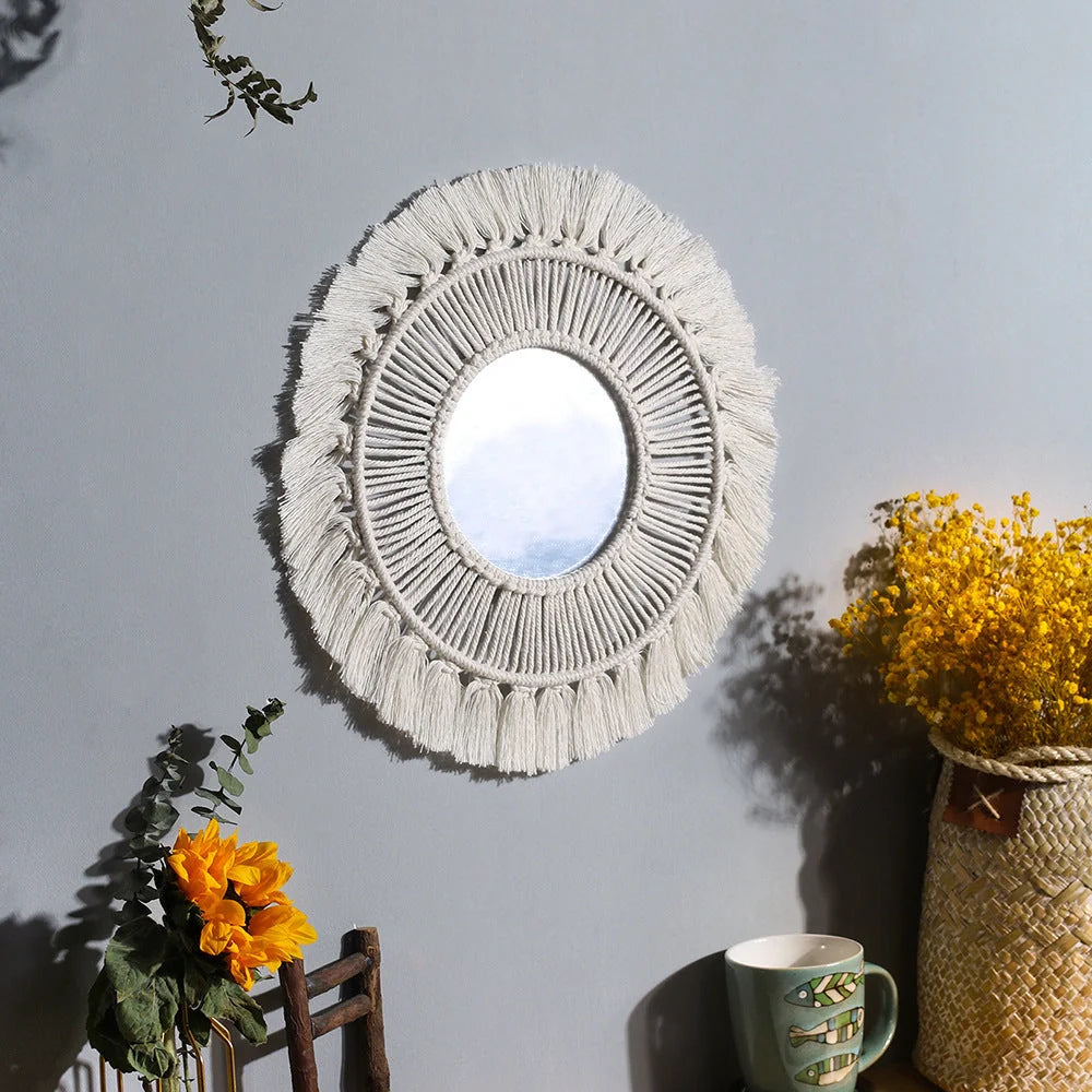 Hand-woven boho round wall mirror with cotton thread frame, perfect for home decor