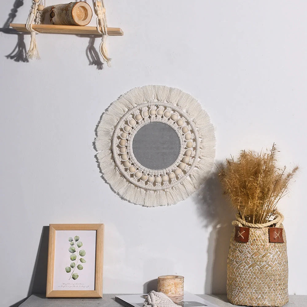 Hand-woven boho round wall mirror with cotton thread frame, perfect for home decor