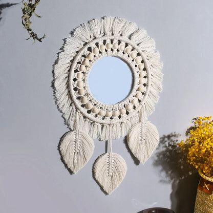 Hand-woven boho round wall mirror with cotton thread frame, perfect for home decor