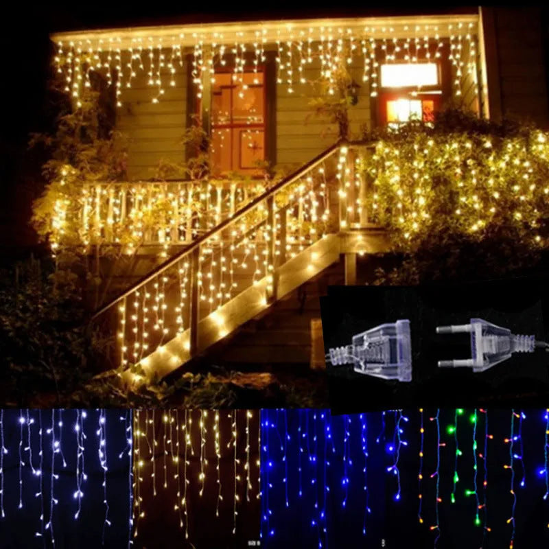 LED starry icicle light string with 96 lights on a 4-metre wire, showing three lengths of icicle drops in warm white illumination