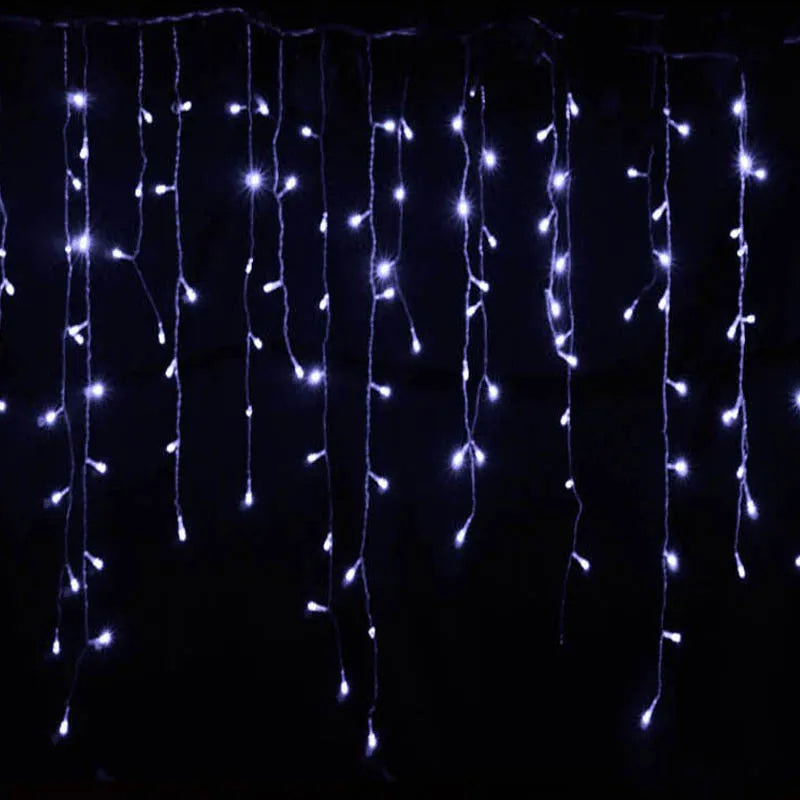 LED starry icicle light string with 96 lights on a 4-metre wire, showing three lengths of icicle drops in warm white illumination