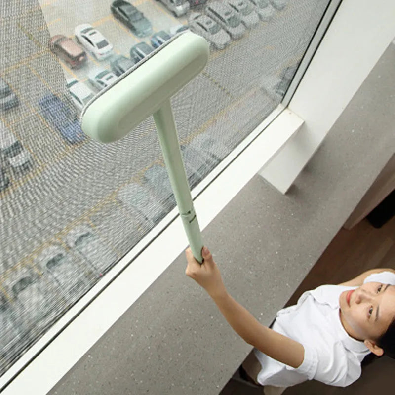 Household long-handled double-sided screen window cleaning brush in white plastic, 52cm long