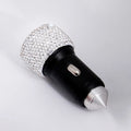 Diamond-studded car safety hammer charger with dual USB ports in black, compact size 25x65mm