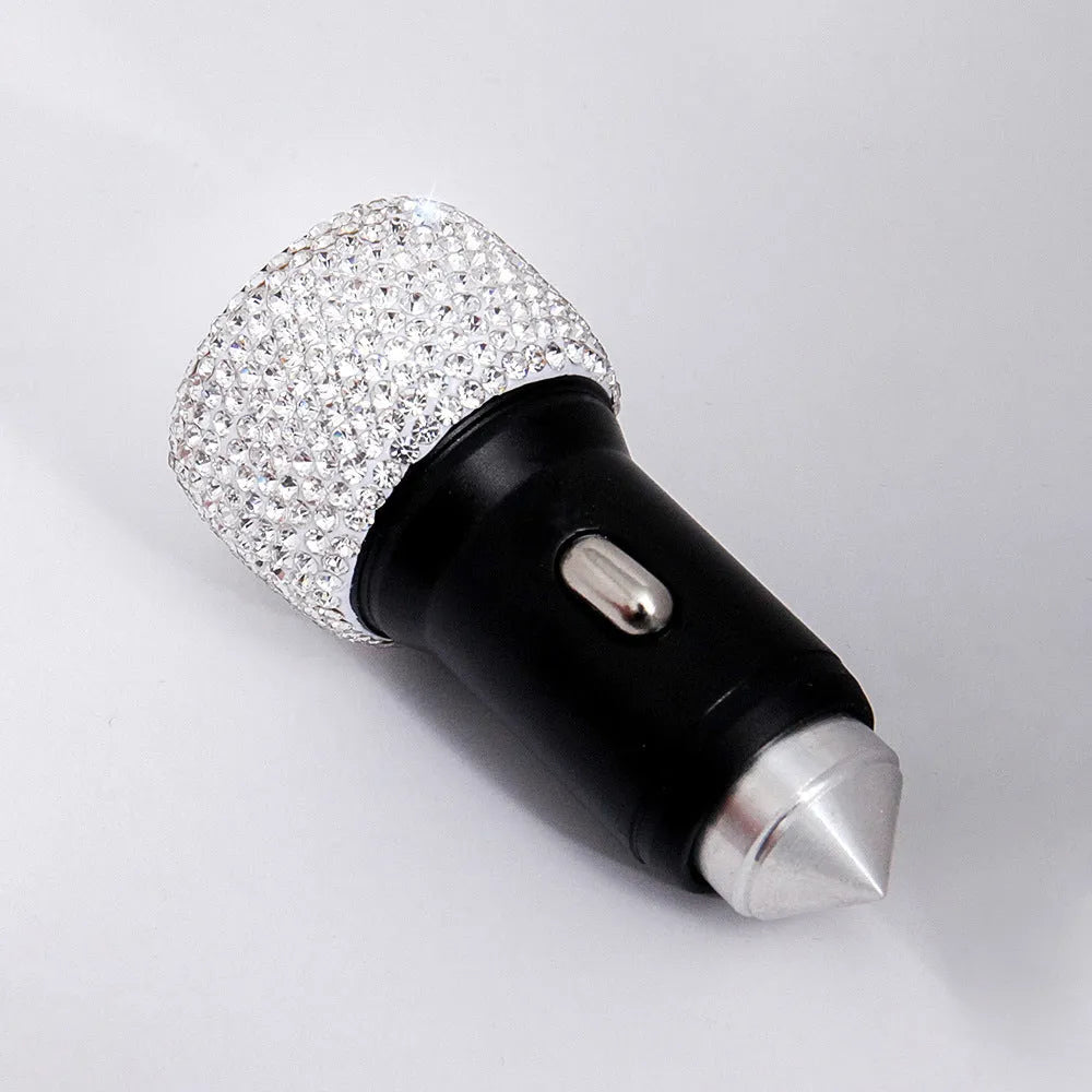 Diamond-studded car safety hammer charger with dual USB ports in black, compact size 25x65mm