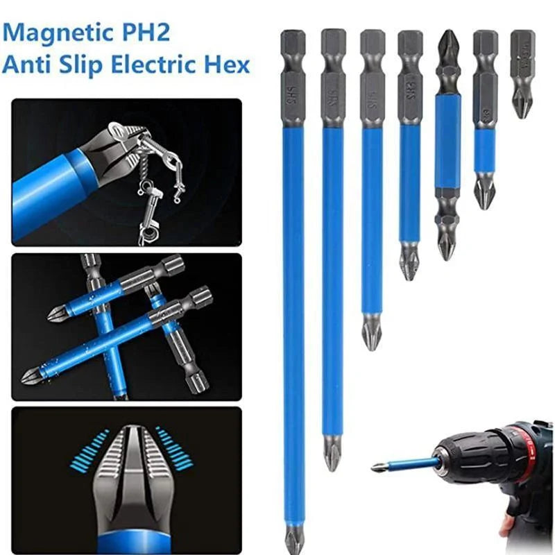 7-piece PH2 anti-slip magnetic cross electric drill bits set in silver