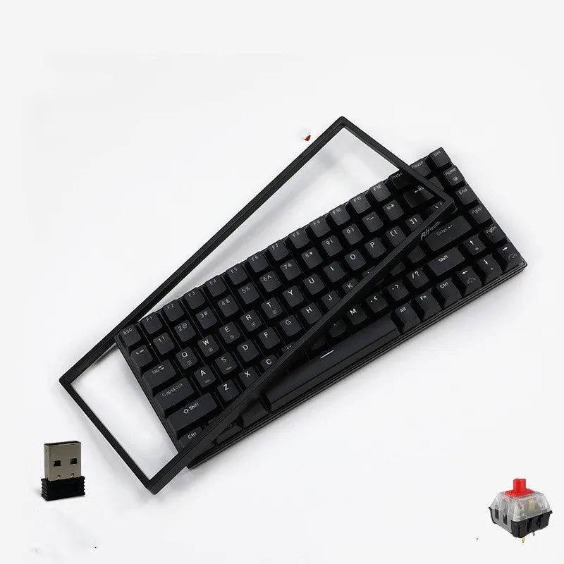 White 84-key mechanical keyboard with RGB backlighting on a wood desk, showcasing its compact layout and USB-C cable.
