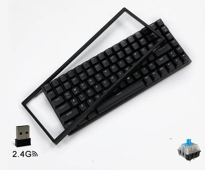 White 84-key mechanical keyboard with RGB backlighting on a wood desk, showcasing its compact layout and USB-C cable.