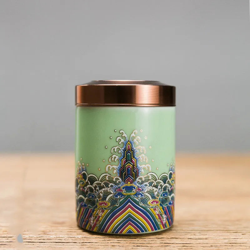Mini ceramic gold silk enamel tea can with tin lid, bottom width 7.5cm, height 14.5cm, top width 11.6cm
