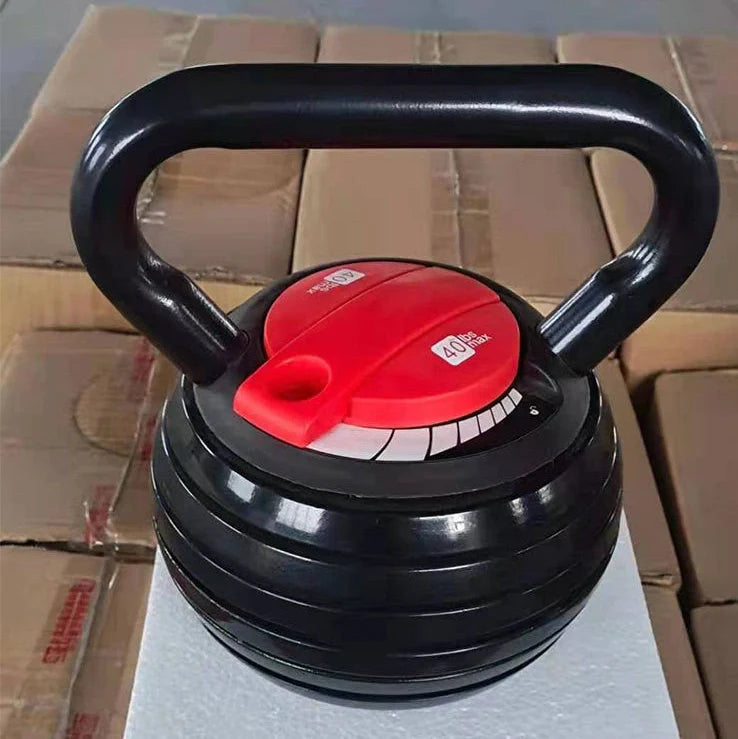 Adjustable weight cast iron kettlebell showing 20x23.5x27cm dimensions with 9kg and 18kg options