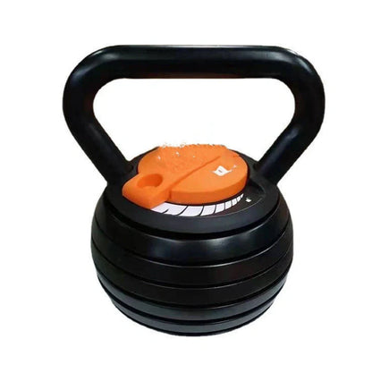 Adjustable weight cast iron kettlebell showing 20x23.5x27cm dimensions with 9kg and 18kg options