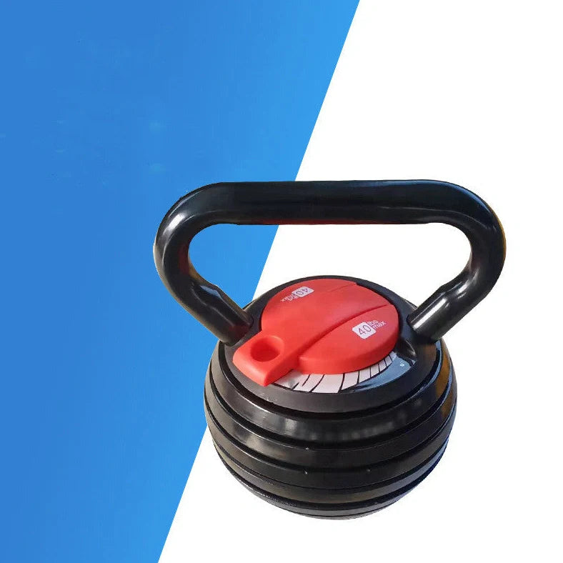 Adjustable weight cast iron kettlebell showing 20x23.5x27cm dimensions with 9kg and 18kg options